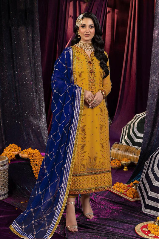 Radiant Traditions: A Mustard and Blue Ensemble